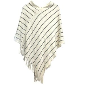 Boho Fringe Knit Poncho • White & Gray Stripe • One Size • Cozy Layering Wrap